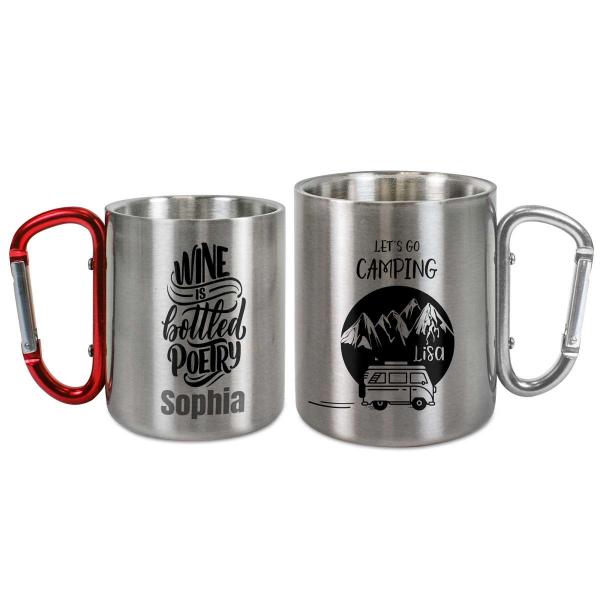 Edelstahltasse mit Karabiner - 200ml oder 330ml nach Wahl - silber