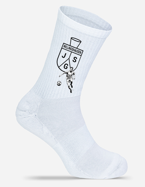 Weiße Socken "JSG Willingshausen" Motiv: Fußballer - verschiedene Größen - Kinder & Erwachsene